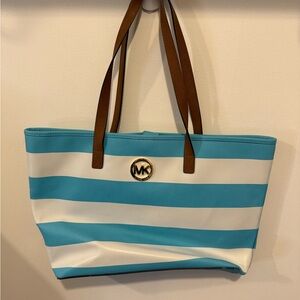 blue and white striped Michael Kors Tote